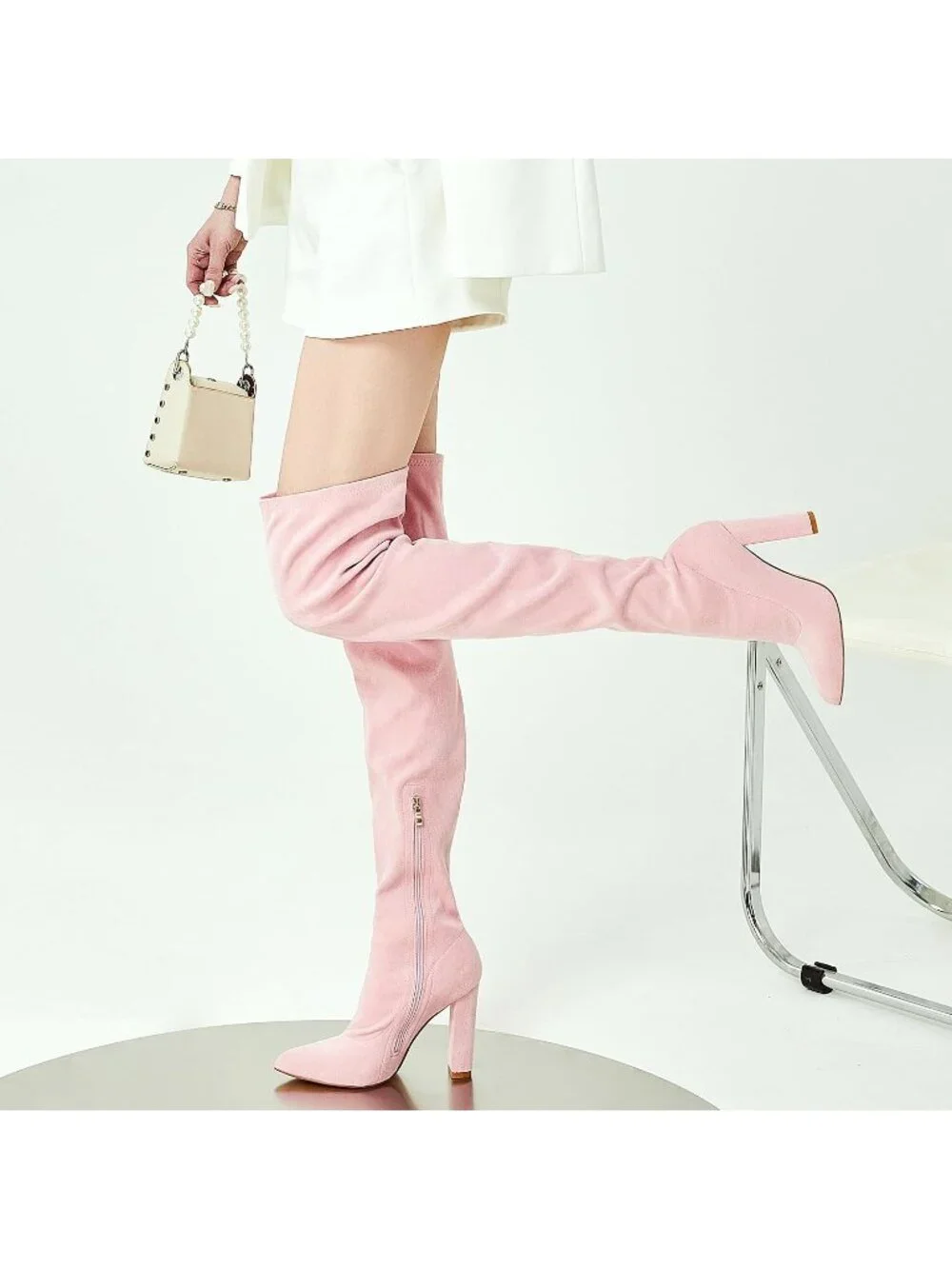Women's Pink Chunky Heel Pointed Toe Suede Over The Knee Thigh High Boots